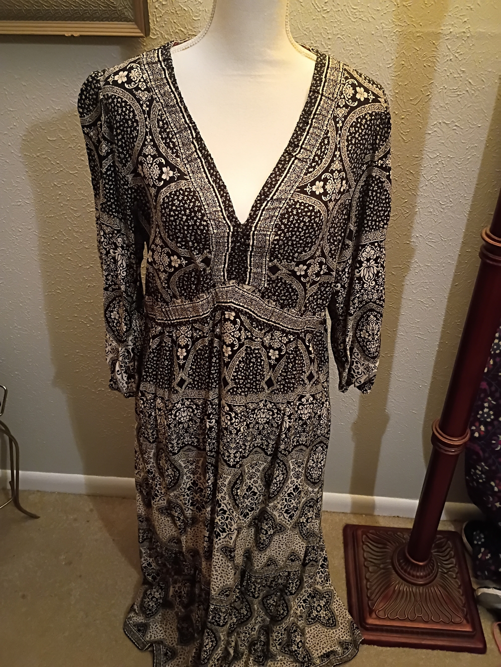 Bohemian Black & Cream V-Neck Maxi Dress - Women Tops